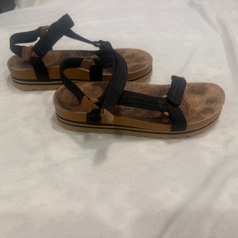 Reef Cushion Rem Hi Black Tan Platform Strappy Sandals Womens 10